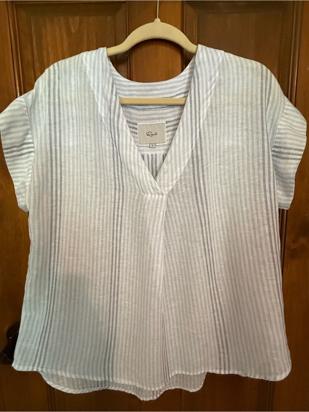 Rails White and Light Blue Striped V-Neck Blouse